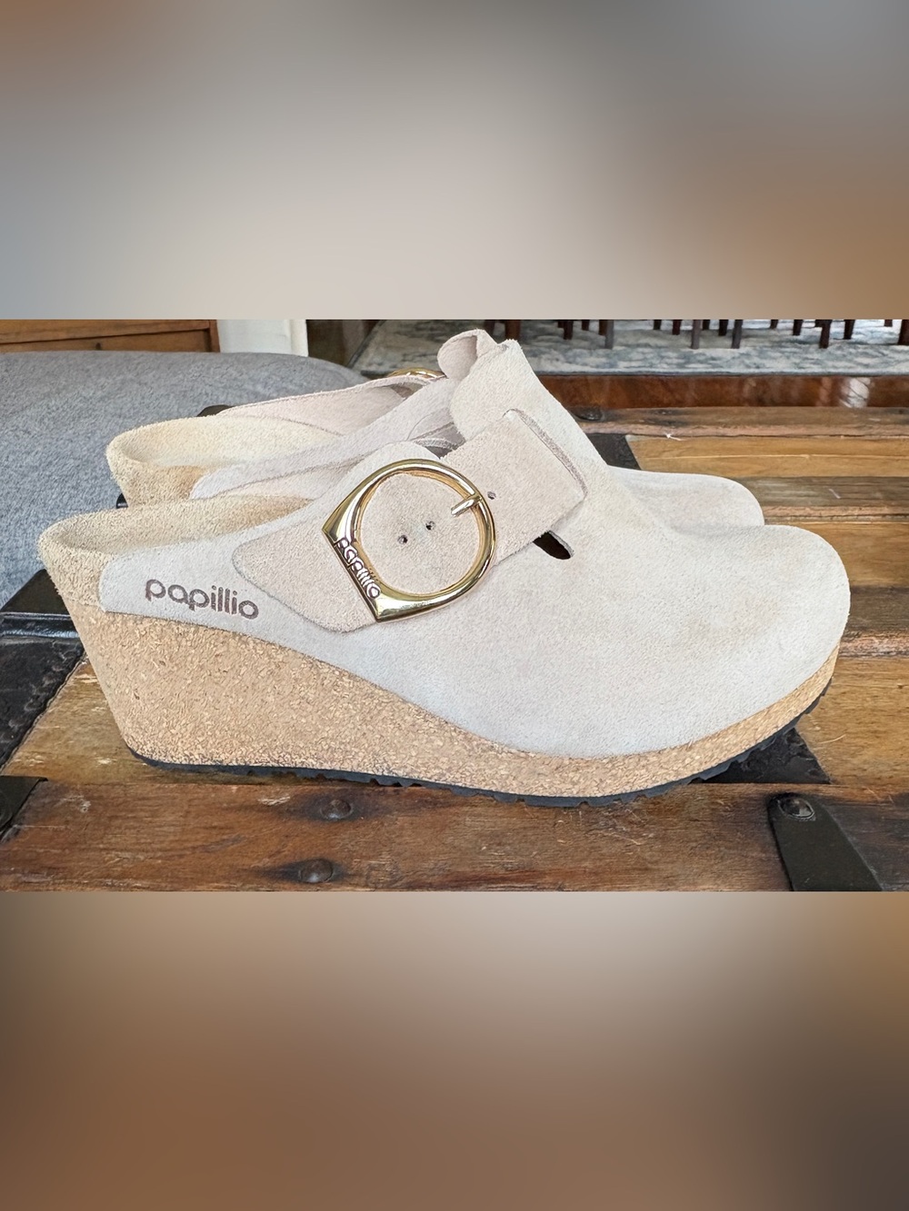 Papillio Beige Suede Cork Wedge Mules with Gold Buckle